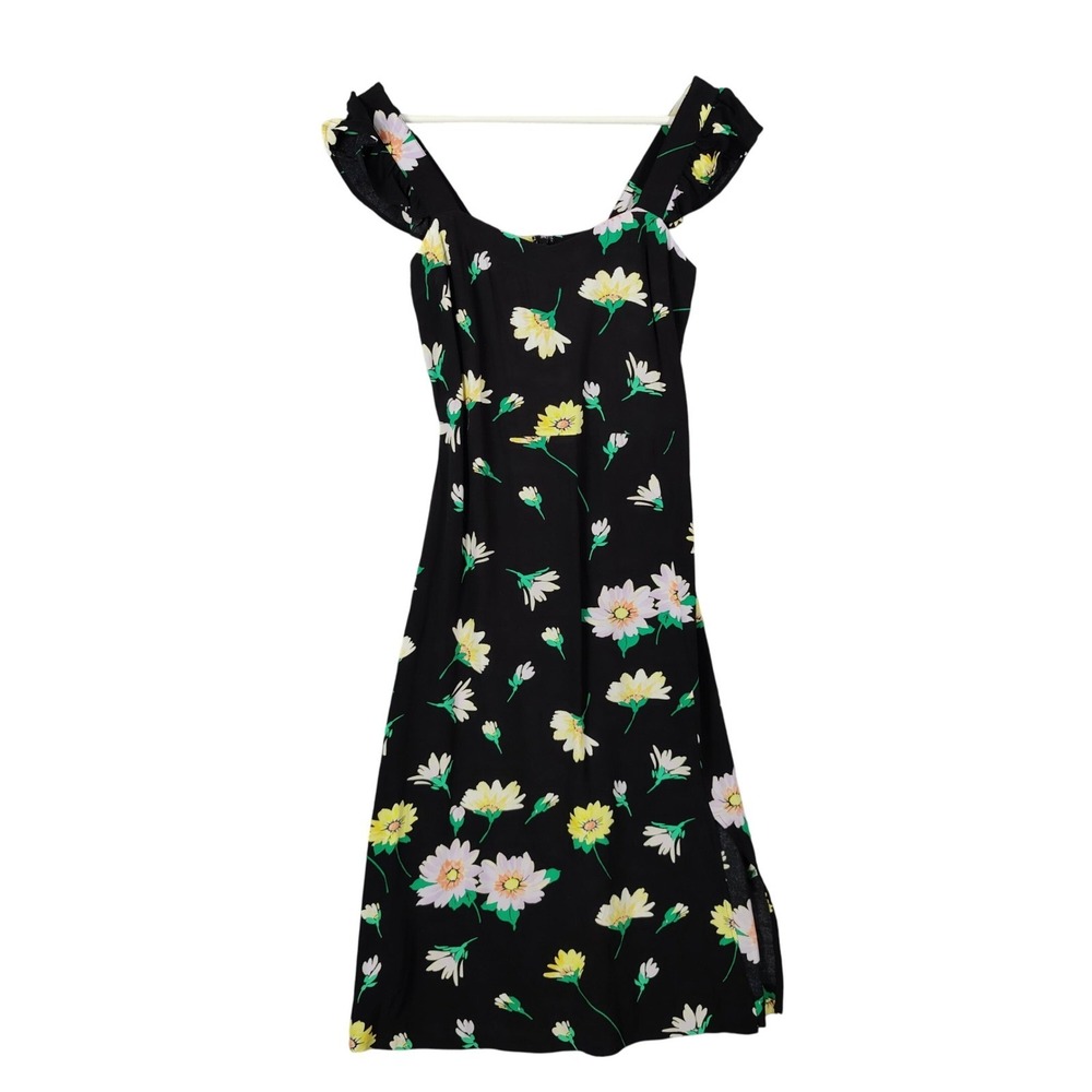 LOFT Womens Cottage Romantic Floral Ruffle Midi Sundress 00P Black Yellow Slit